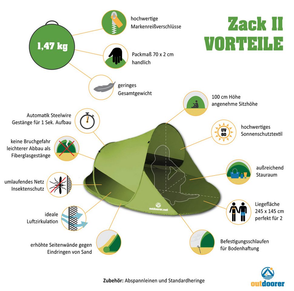 outdoorer Strandmuschel Zack II grün, UV 60, Pop-up, für 2 Personen Bild 5