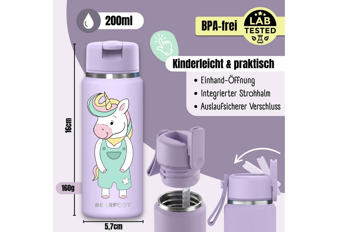 BEARFOOT Trinkflasche TINY Thermo Kinder Trinkflasche Edelstahl - Einhorn, Thermosflasche, auslaufsicher, Edelstahl, Kinderflasche, BPA-frei Bild 5