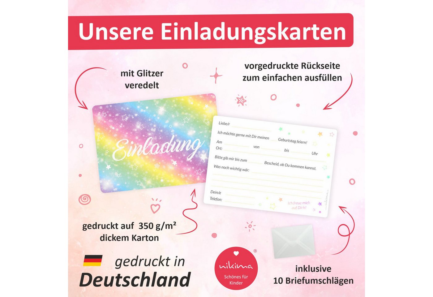 nikima Einladungskarten 10 Einladungskarten Regenbogen inkl. Umschlag