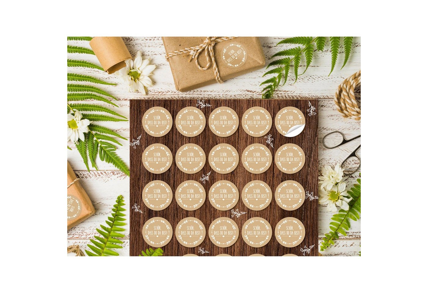 Logbuch-Verlag Aufkleber 140 runde Aufkleber SCHÖN DASS DU DA BIST beige natur weiß Ø 3,2 cm Bild 2