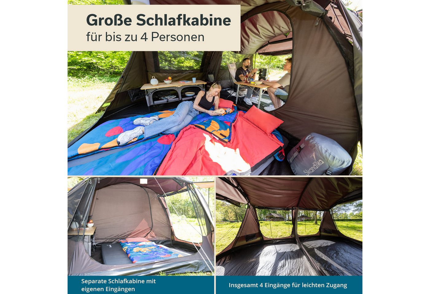 Skandika Tunnelzelt Campingzelt, Familienzelt, Solheim 4 Protect, 170 cm Stehhöhe, Personen: 4 (Alle Türen als Sonnendach nutzbar, Tragetasche), eingenähter Zeltboden, 3000mm Wassersäule, UPF 50+, mit Moskitonetz
