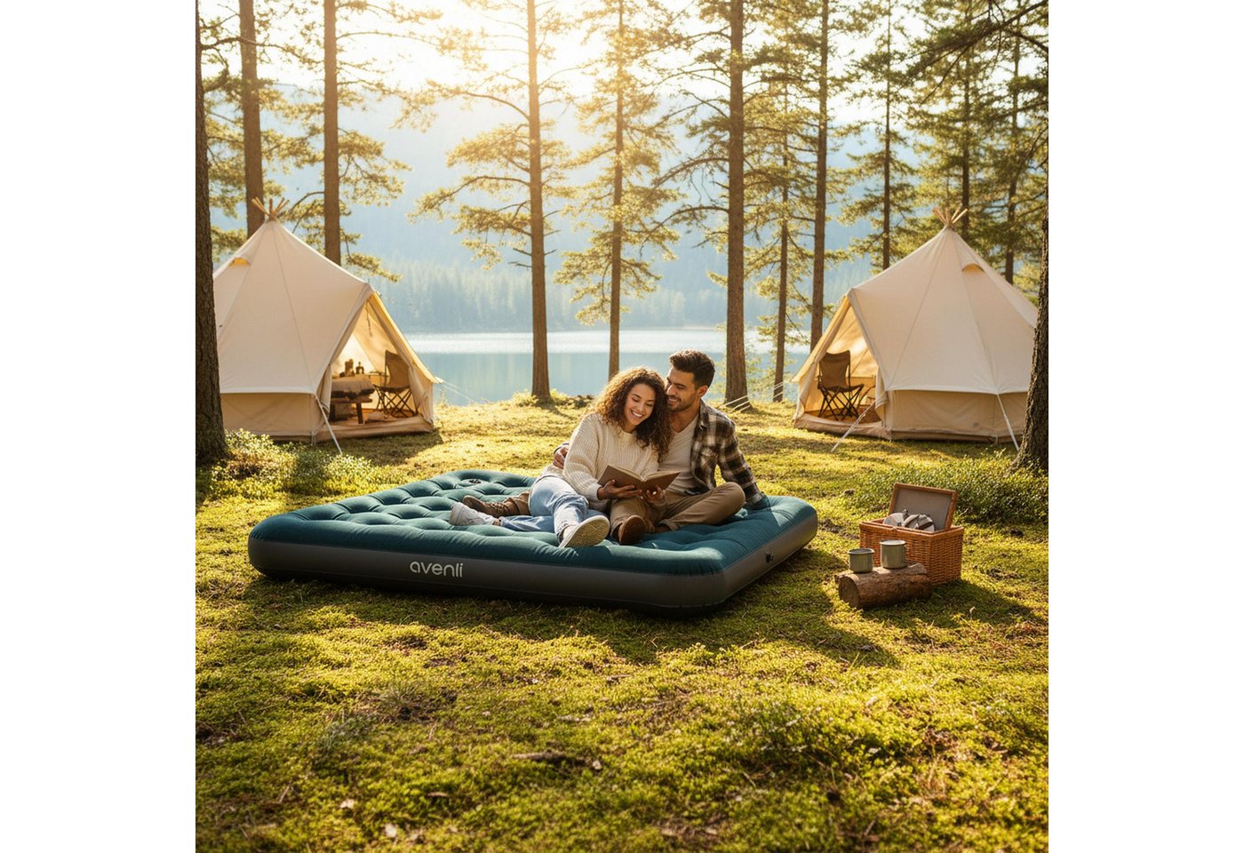 Avenli Luftmatratze Camping für 2 Personen mit Fußpumpe 203x152x22cm Queen-Size, (Luftbett einfach aufblasbar mit integrierter Luftpumpe, 1-St., für Indoor und Outdoor mit beflockter Oberfläche), Ideal als Reisebett oder Isomatte