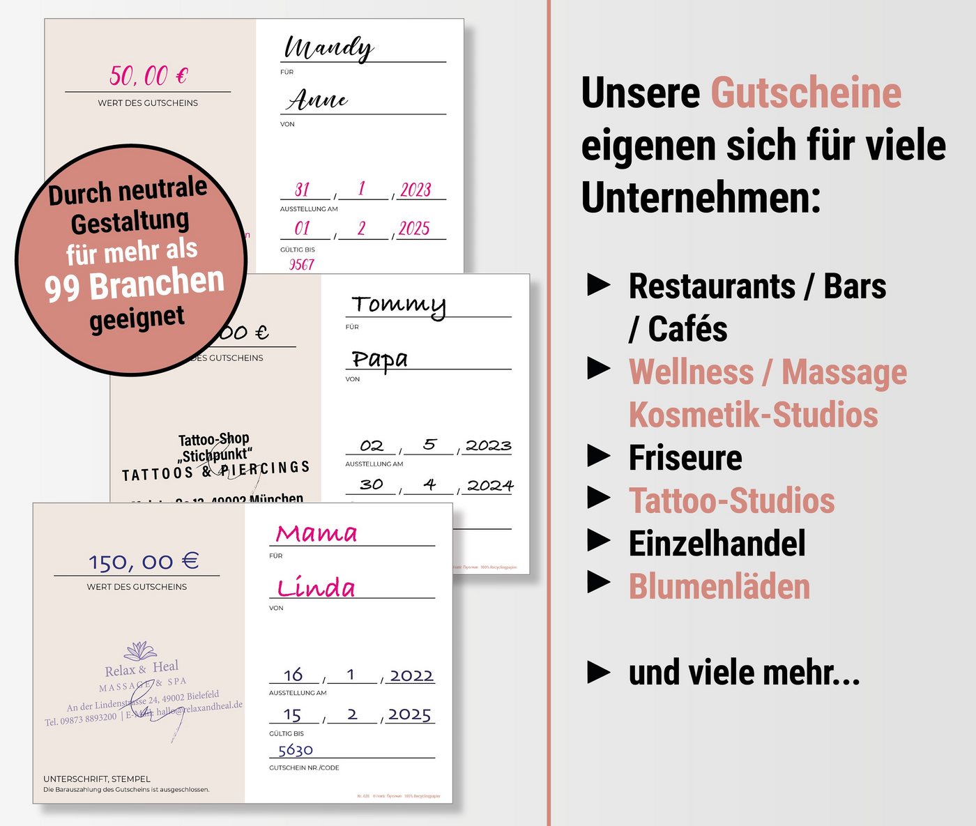 Frank Paperman Geschenkkarte Gutschein für Kunden, Salon und Studio, zum selber Ausfüllen, Gutscheinkarten, Geschenkgutschein Nagelstudio, Friseur, Kosmetik
