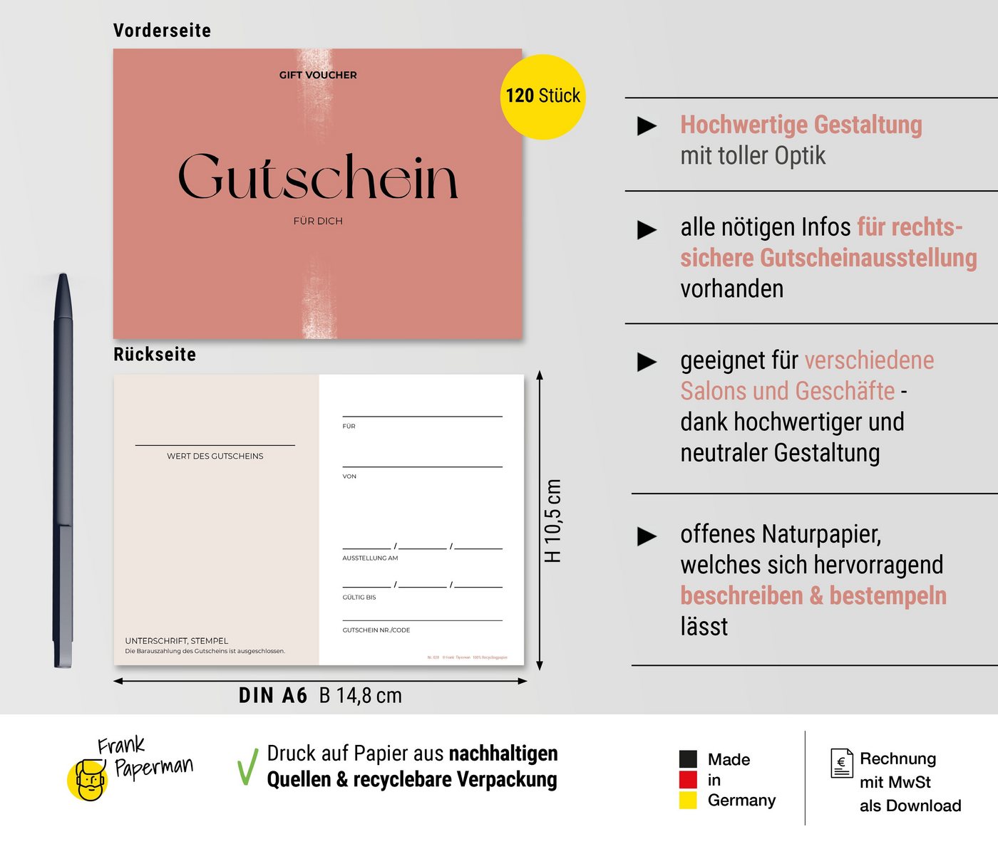 Frank Paperman Geschenkkarte Gutschein für Kunden, Salon und Studio, zum selber Ausfüllen, Gutscheinkarten, Geschenkgutschein Nagelstudio, Friseur, Kosmetik Bild 3