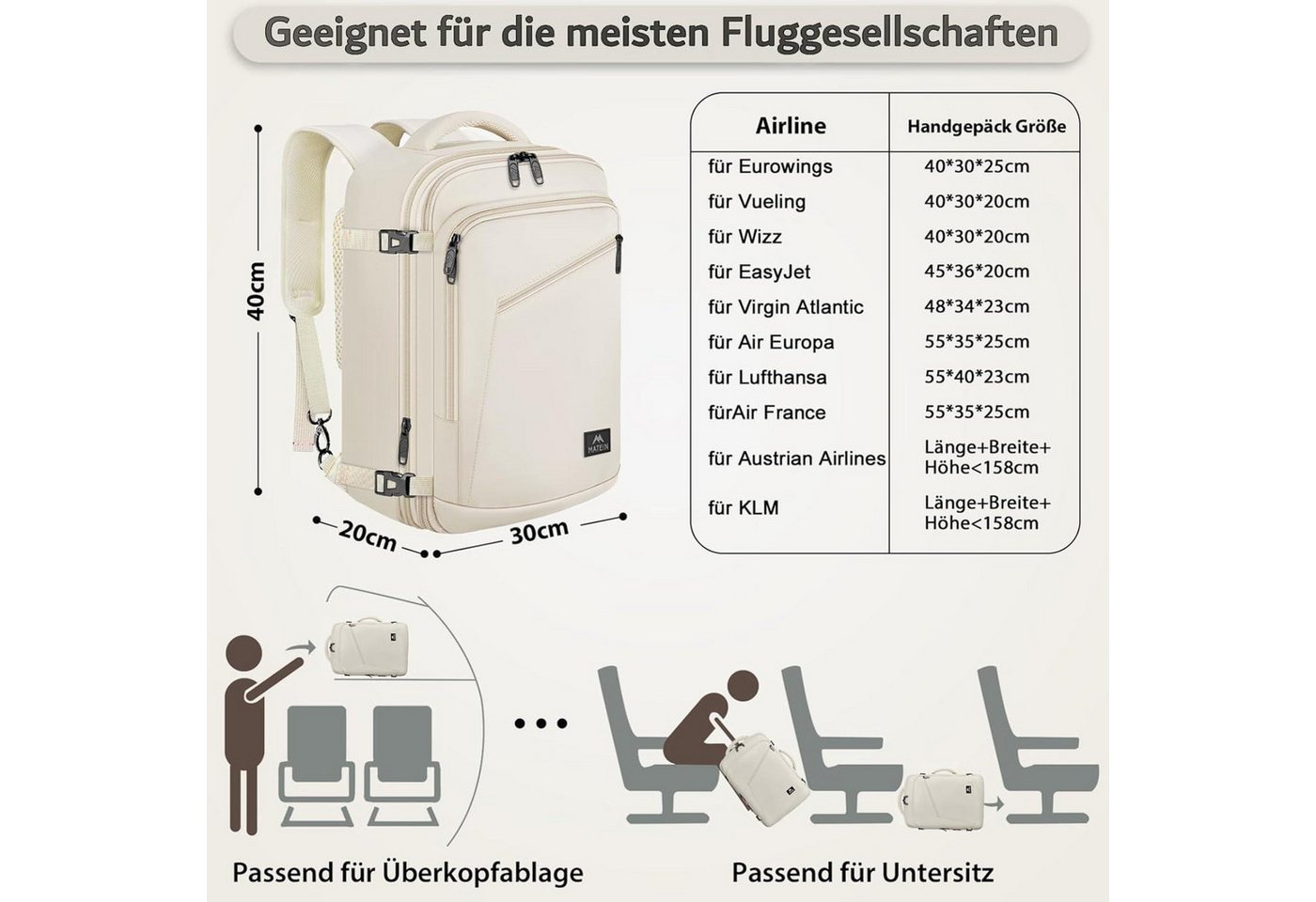 LuxusKollektion Handgepäck-Trolley Handgepäck Rucksack Damen 40x30x20 Ryanair 40x30x20cm Beige Bild 2