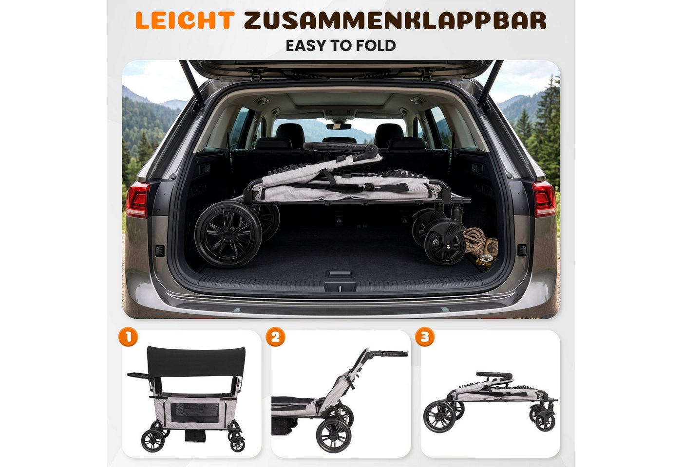 Flieks Bollerwagen, Faltbarer Bollerwagen für 4 Kinder mit Sonnendach & Sicherheitsgurt