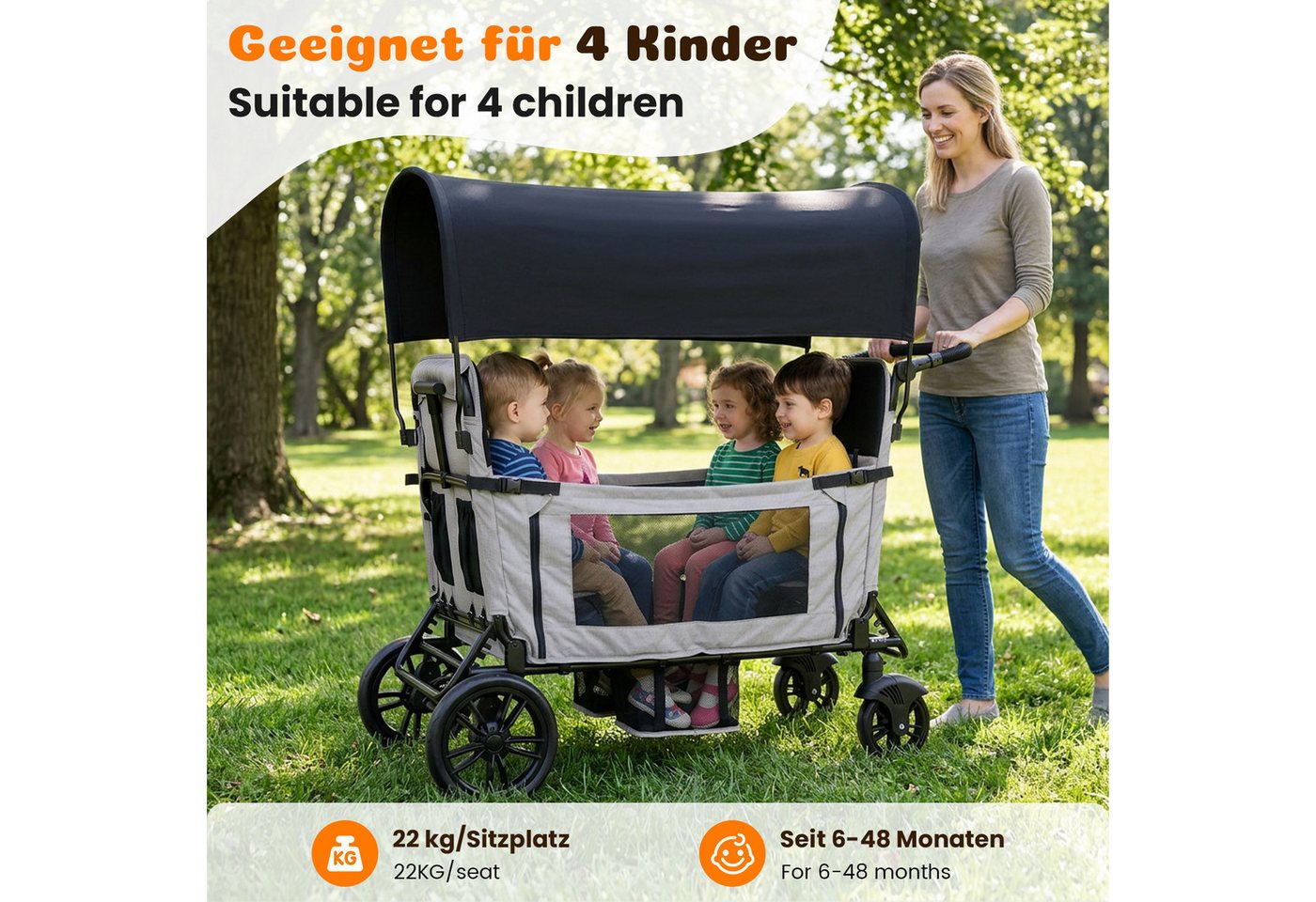 Flieks Bollerwagen, Faltbarer Bollerwagen für 4 Kinder mit Sonnendach & Sicherheitsgurt Bild 3