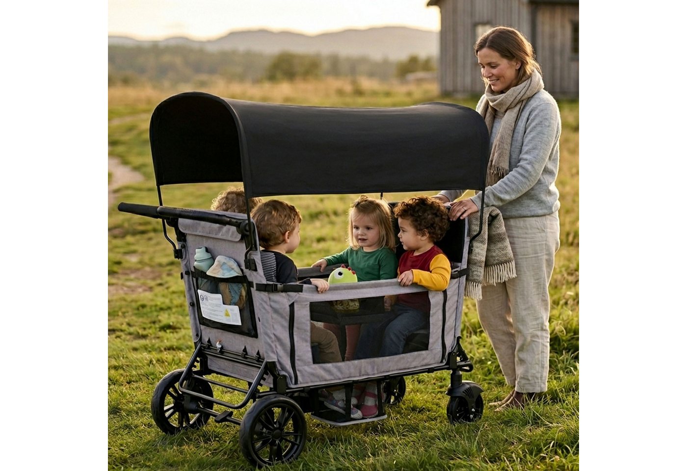 Flieks Bollerwagen, Faltbarer Bollerwagen für 4 Kinder mit Sonnendach & Sicherheitsgurt Bild 4