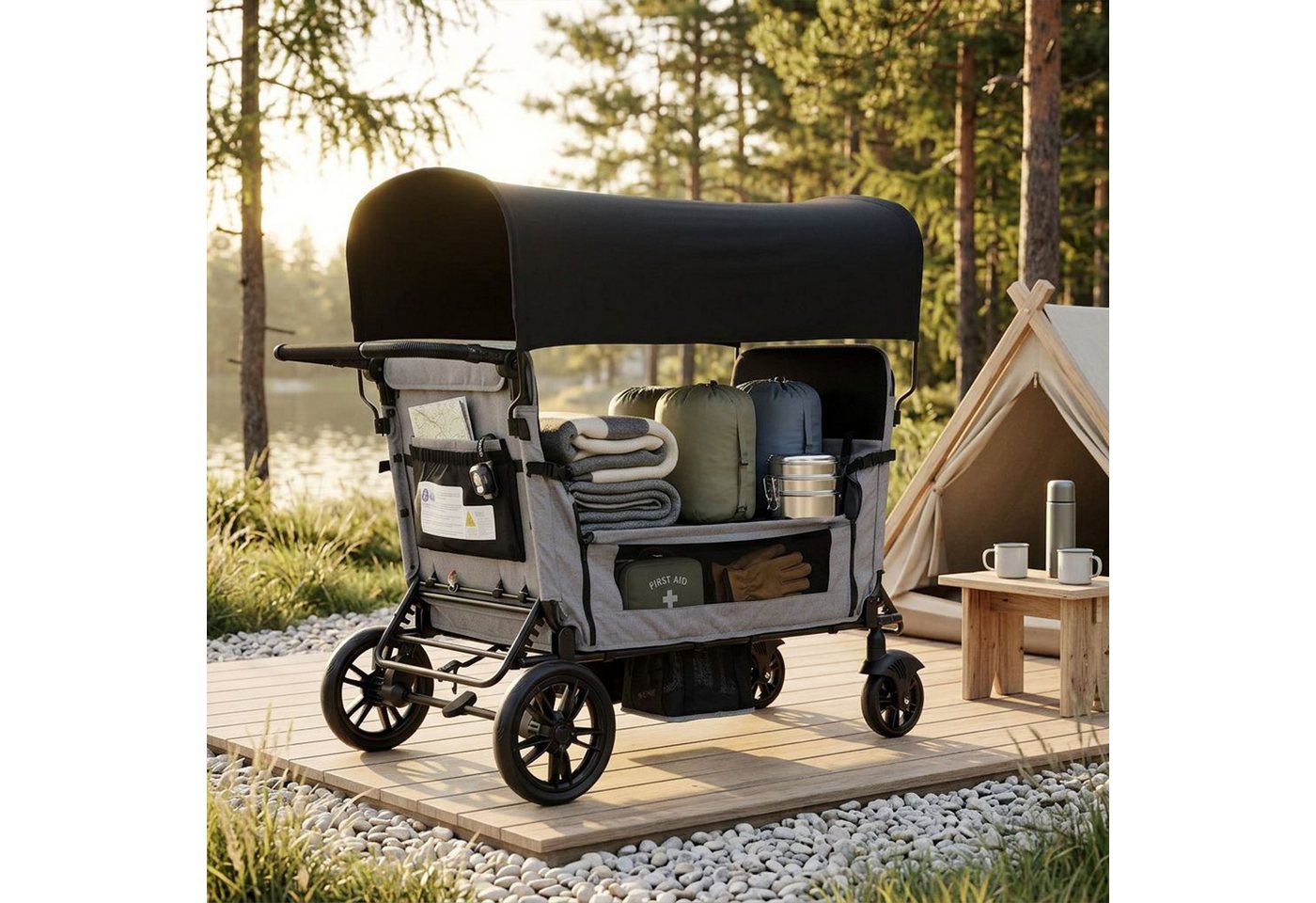 Flieks Bollerwagen, Faltbarer Bollerwagen für 4 Kinder mit Sonnendach & Sicherheitsgurt Bild 5
