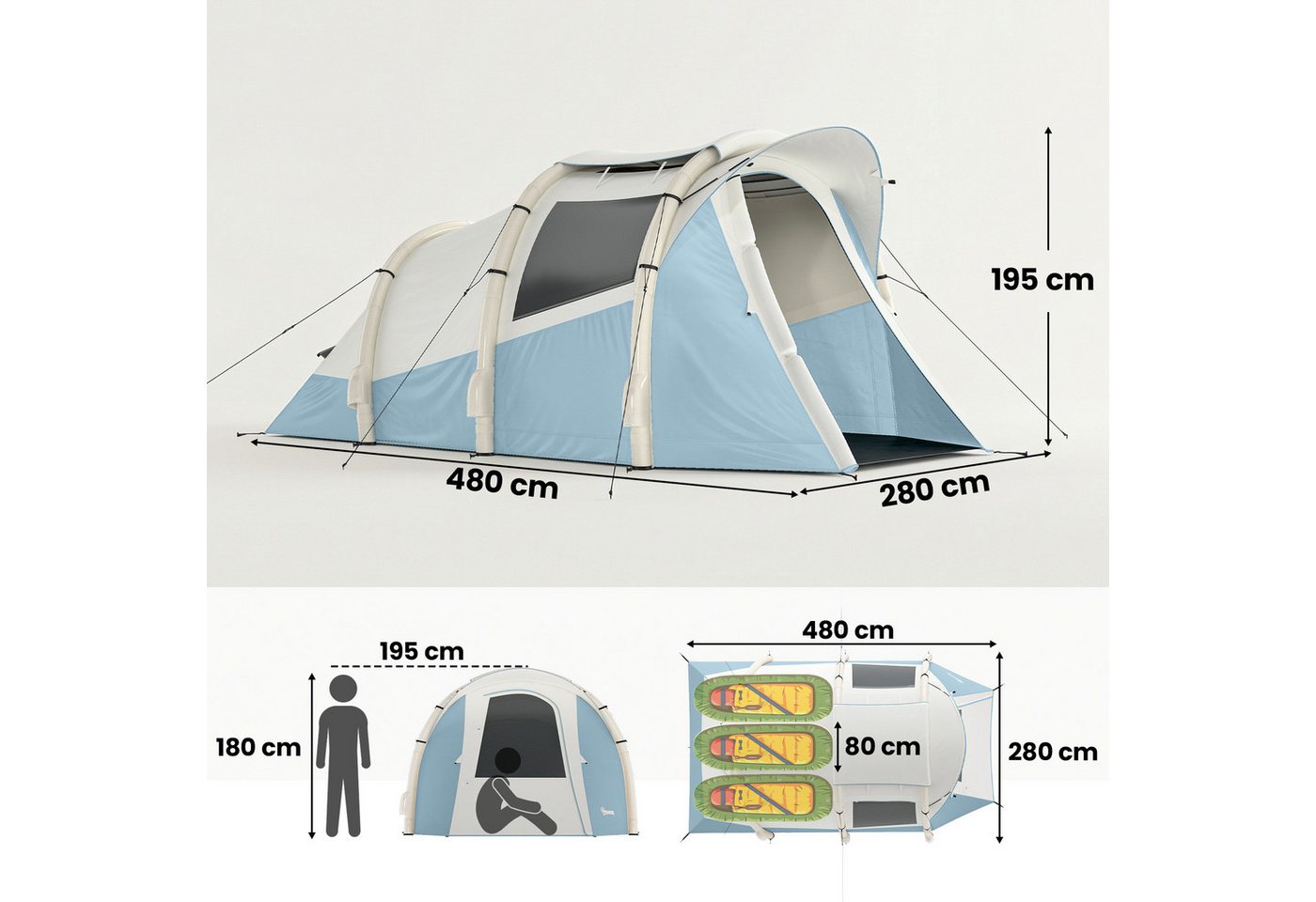 kowdom aufblasbares Zelt 2-3 Personen mit Pumpe – wasserdicht & Schnellaufbau, Personen: 3 (Aufblasbar), Bodenabstand 20 cm, Schnellaufbau