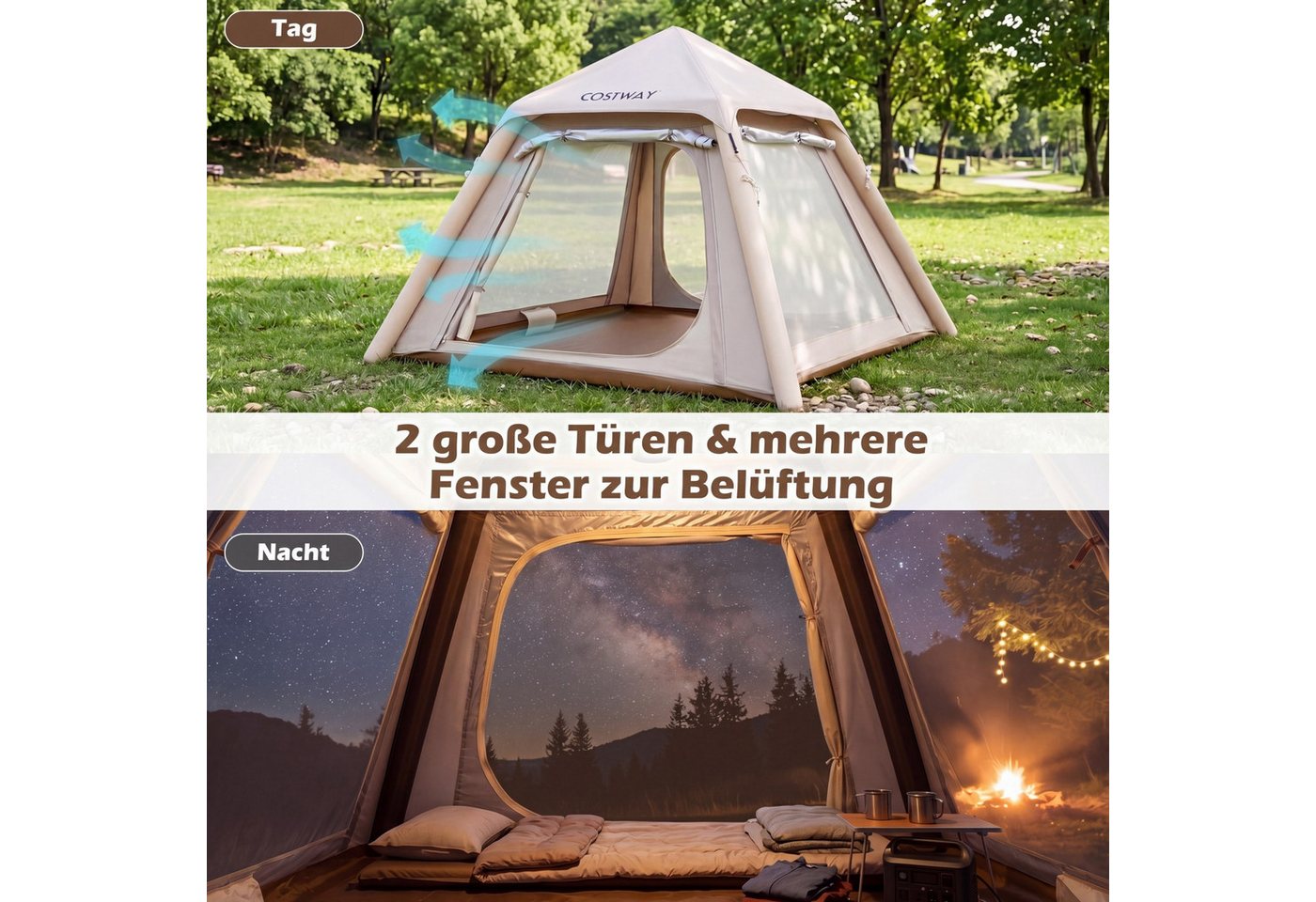 COSTWAY aufblasbares Zelt, Personen: 4, Campingzelt mit abnehmbarem Vordach