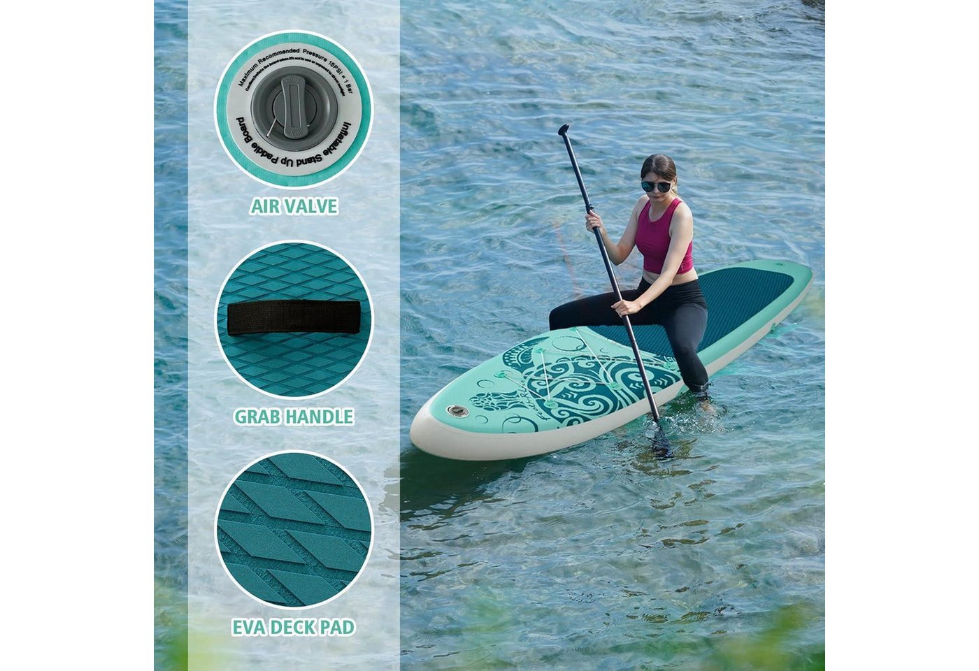 LuxusKollektion Inflatable SUP-Board Aufblasbares Paddle Board Stand Up Paddleboard SUP Zubehör Set Grün