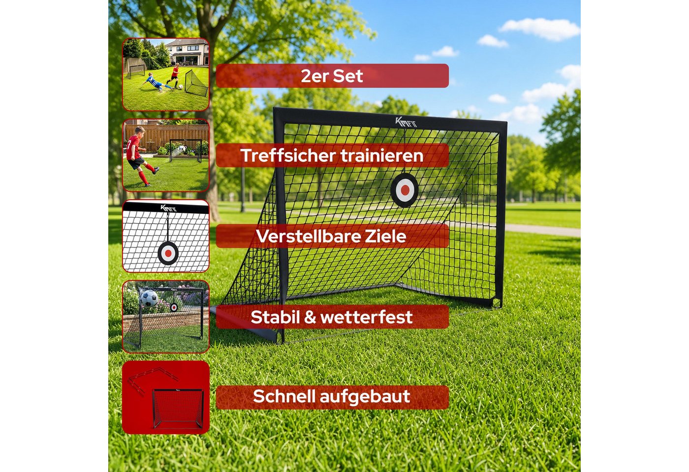 KM - Fit Fußballtor Fußballtor Set mit Zielscheiben, Bodenanker & Tasche 120x90 cm (Fußballtor Set 2er 120 x 90 cm), Schneller Aufbau, Werkzeuglose Montage, Tragbar, Wetterfest