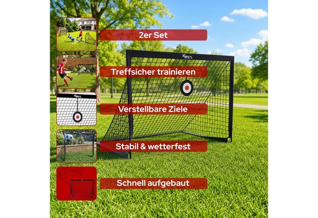 KM - Fit Fußballtor Fußballtor Set mit Zielscheiben, Bodenanker & Tasche 120x90 cm (Fußballtor Set 2er 120 x 90 cm), Schneller Aufbau, Werkzeuglose Montage, Tragbar, Wetterfest