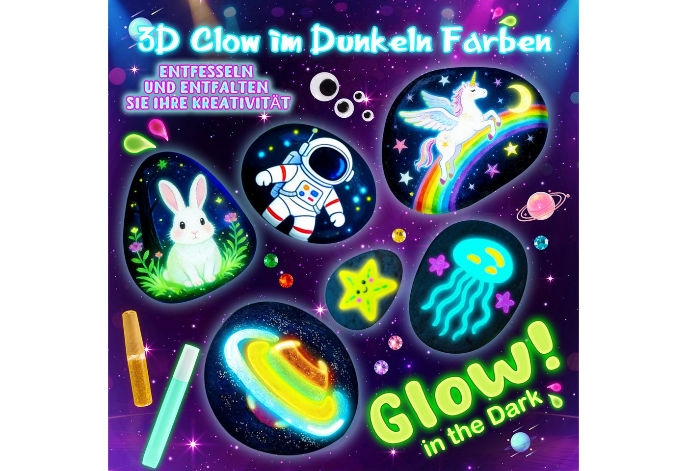 Wootoy Kreativset Steine-Bemalset Experimentierkasten Bemalen DIY Set mit 12 Malsteinen, (Leuchtfarben Metallicfarben Glitzerkleber Wackelaugen und Pinseln, 12-tlg., Leuchtfarben erzeugen Effekte Kunstwerke im Dunkeln strahlen), Ideal für Schulprojekte Bastelnachmittage kreative Gruppenaktivitäten
