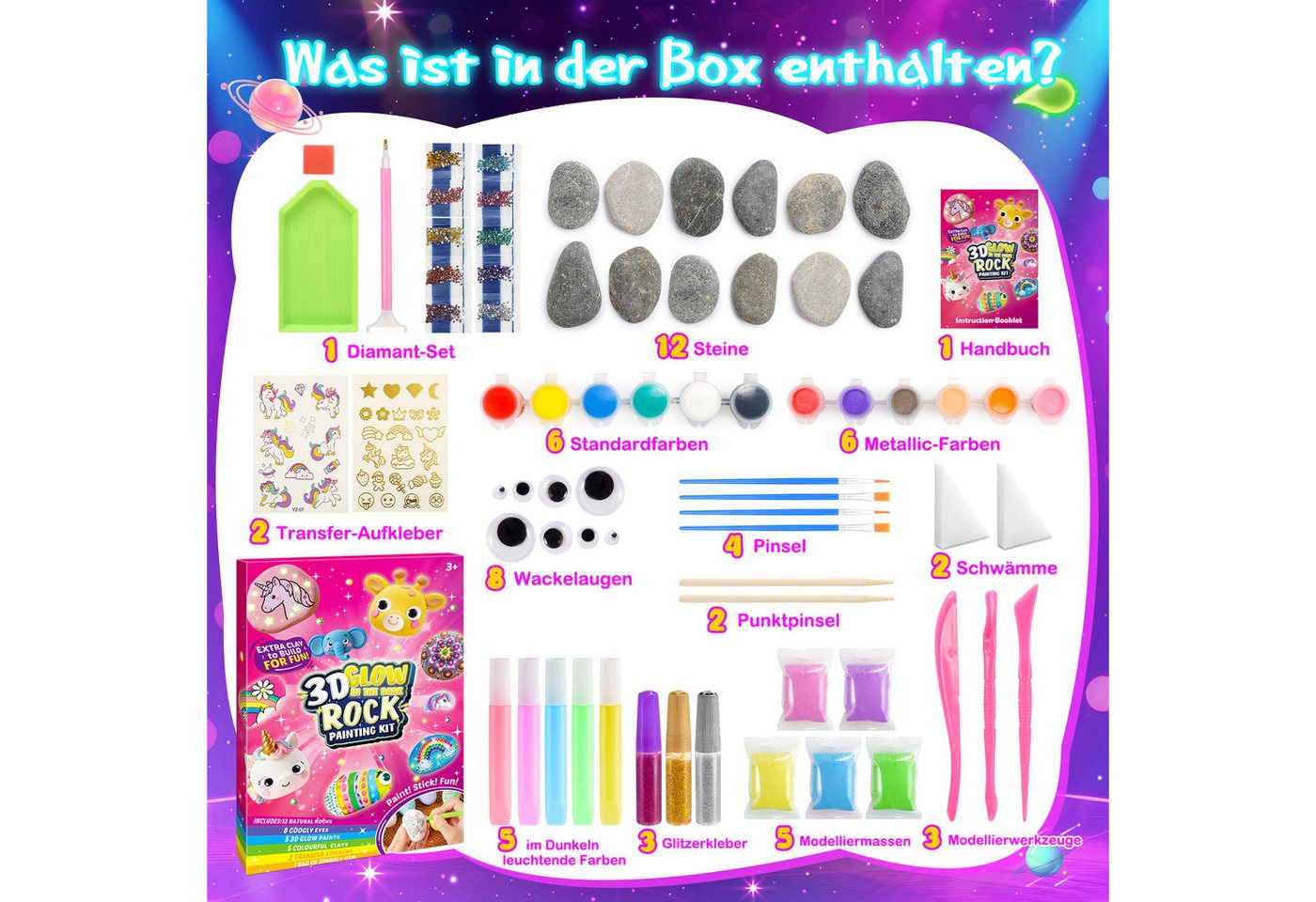 Wootoy Kreativset Steine-Bemalset Experimentierkasten Bemalen DIY Set mit 12 Malsteinen, (Leuchtfarben Metallicfarben Glitzerkleber Wackelaugen und Pinseln, 12-tlg., Leuchtfarben erzeugen Effekte Kunstwerke im Dunkeln strahlen), Ideal für Schulprojekte Bastelnachmittage kreative Gruppenaktivitäten Bild 2