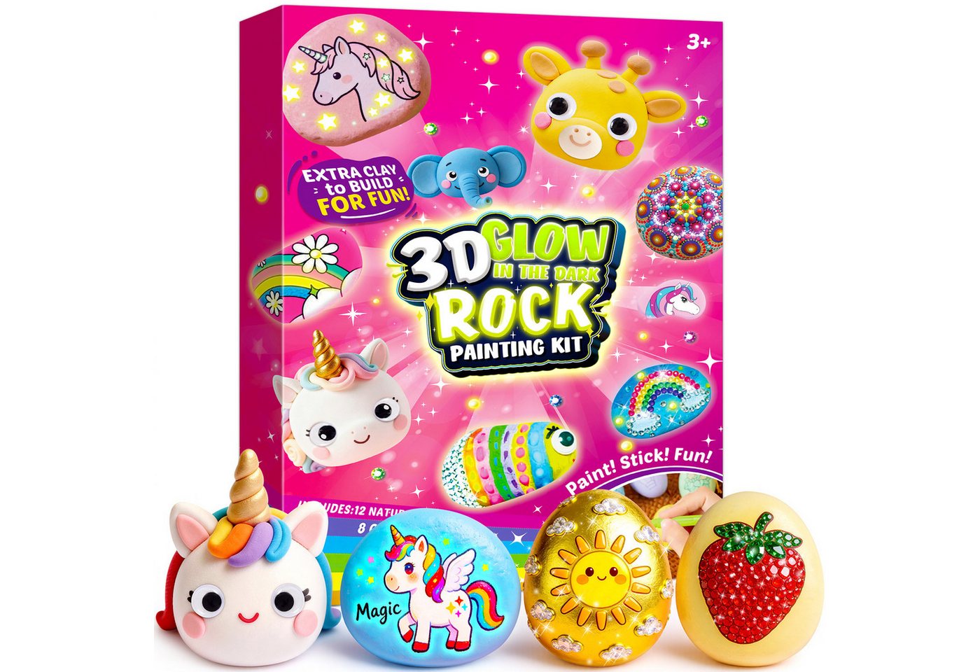 Wootoy Kreativset Steine-Bemalset Experimentierkasten Bemalen DIY Set mit 12 Malsteinen, (Leuchtfarben Metallicfarben Glitzerkleber Wackelaugen und Pinseln, 12-tlg., Leuchtfarben erzeugen Effekte Kunstwerke im Dunkeln strahlen), Ideal für Schulprojekte Bastelnachmittage kreative Gruppenaktivitäten Bild 3