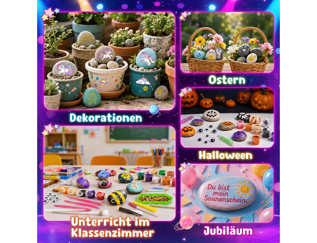 Wootoy Kreativset Steine-Bemalset Experimentierkasten Bemalen DIY Set mit 12 Malsteinen, (Leuchtfarben Metallicfarben Glitzerkleber Wackelaugen und Pinseln, 12-tlg., Leuchtfarben erzeugen Effekte Kunstwerke im Dunkeln strahlen), Ideal für Schulprojekte Bastelnachmittage kreative Gruppenaktivitäten Bild 4