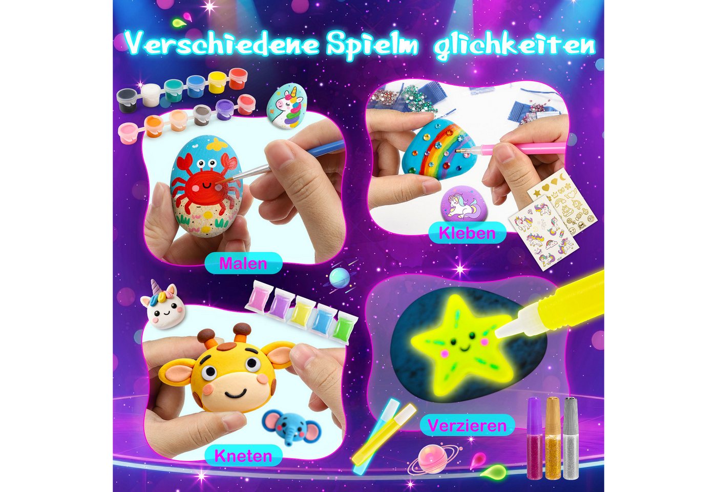 Wootoy Kreativset Steine-Bemalset Experimentierkasten Bemalen DIY Set mit 12 Malsteinen, (Leuchtfarben Metallicfarben Glitzerkleber Wackelaugen und Pinseln, 12-tlg., Leuchtfarben erzeugen Effekte Kunstwerke im Dunkeln strahlen), Ideal für Schulprojekte Bastelnachmittage kreative Gruppenaktivitäten Bild 5