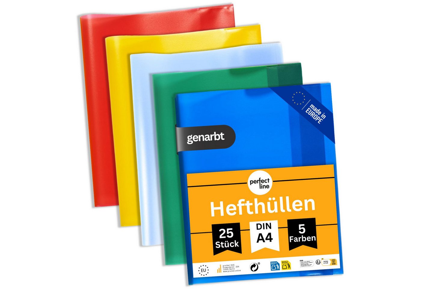 perfect line Schulheft 25 Hefthüllen DIN A4 bunt, 5 Farben, genarbt, 90 my, PP, dokumentenecht, Made in EU