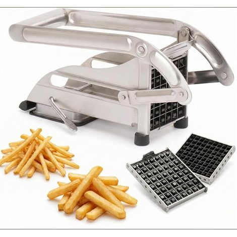 Pommes-frites-schneider Aus Edelstahl Mit 2 Schneideinsätzen – Sauberer Und Gleichmäßiger Schnitt – Ergonomischer Hebelarm – Abmessungen: 26 X 12,5 X 9 Cm