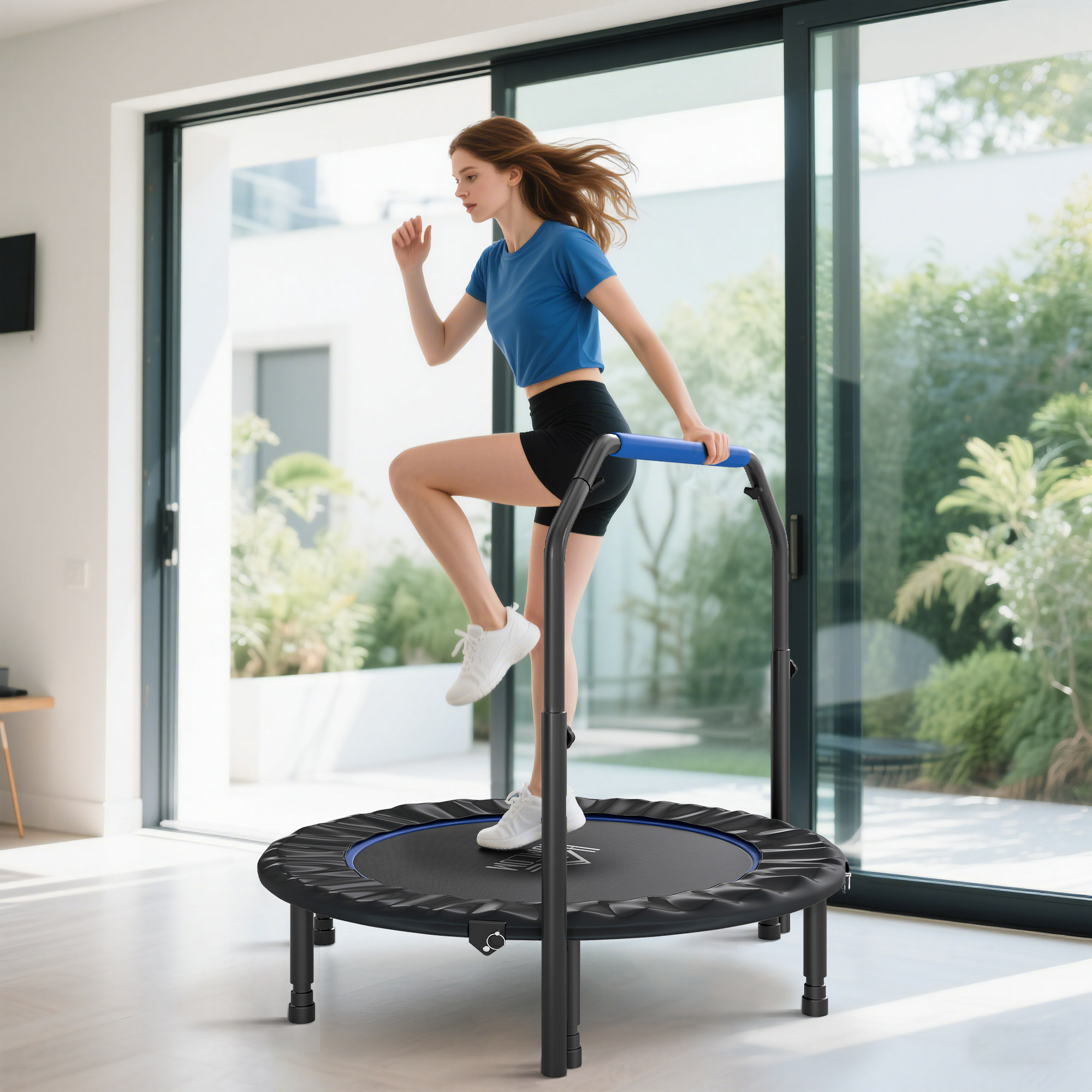 Mini-fitness-trampolin Ø114 Cm, Faltbar Mit Höhenverstellbarem Haltegriff, Blau Und Schwarz