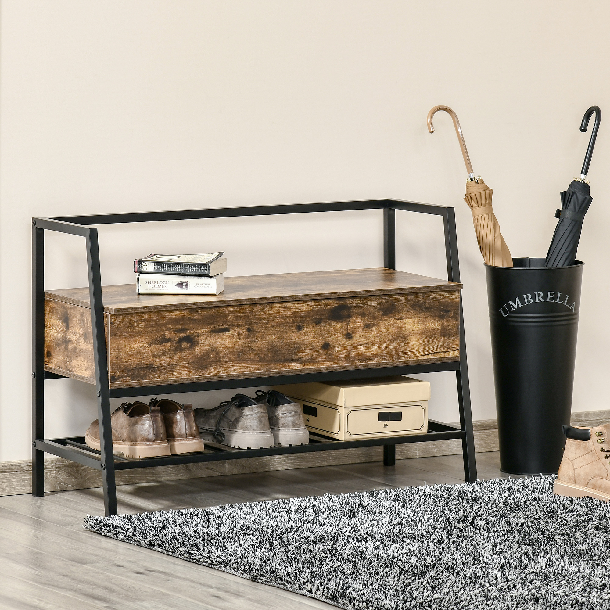 Schuhregal Im Industriestil Mit Stauraum, Platzsparende Schuhbank Im Vintage-stil Aus Holz Und Metall, Rustikales Braun, 90 X 37 X 60 Cm