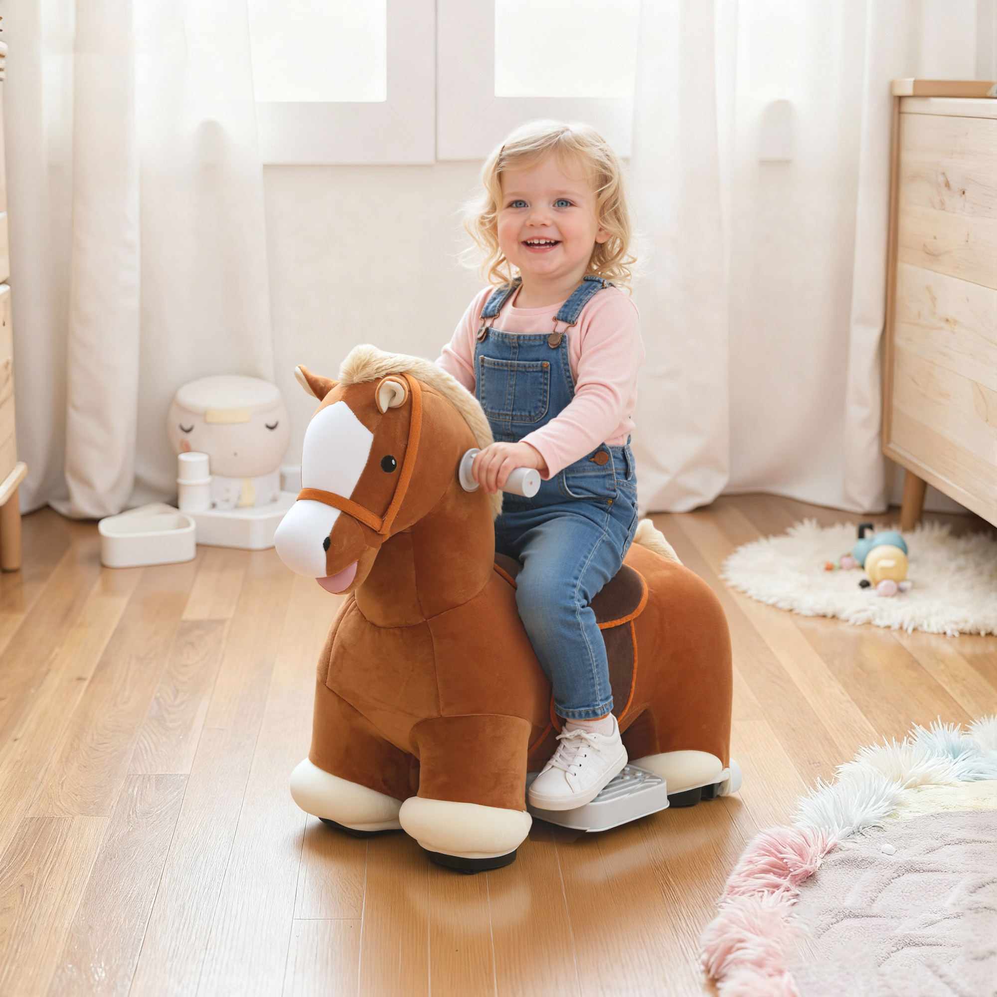 Elektrisches Kinderpferd Mit Pedalen, Rädern Und Geräuschen, Plüsch Und Metall, 74 X 34 X 51 Cm, Braun