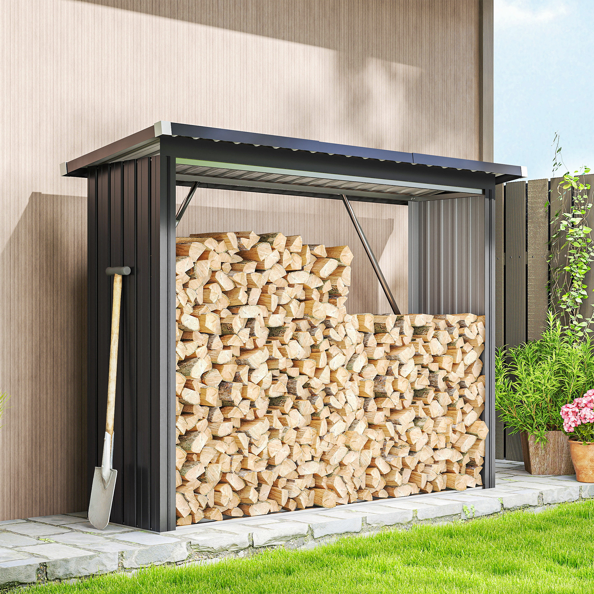 Gartenhaus Aus Stahl, Erhöhter Sockel Und Schrägdach, 213 X 66,5 X 150 Cm, Dunkelgrau