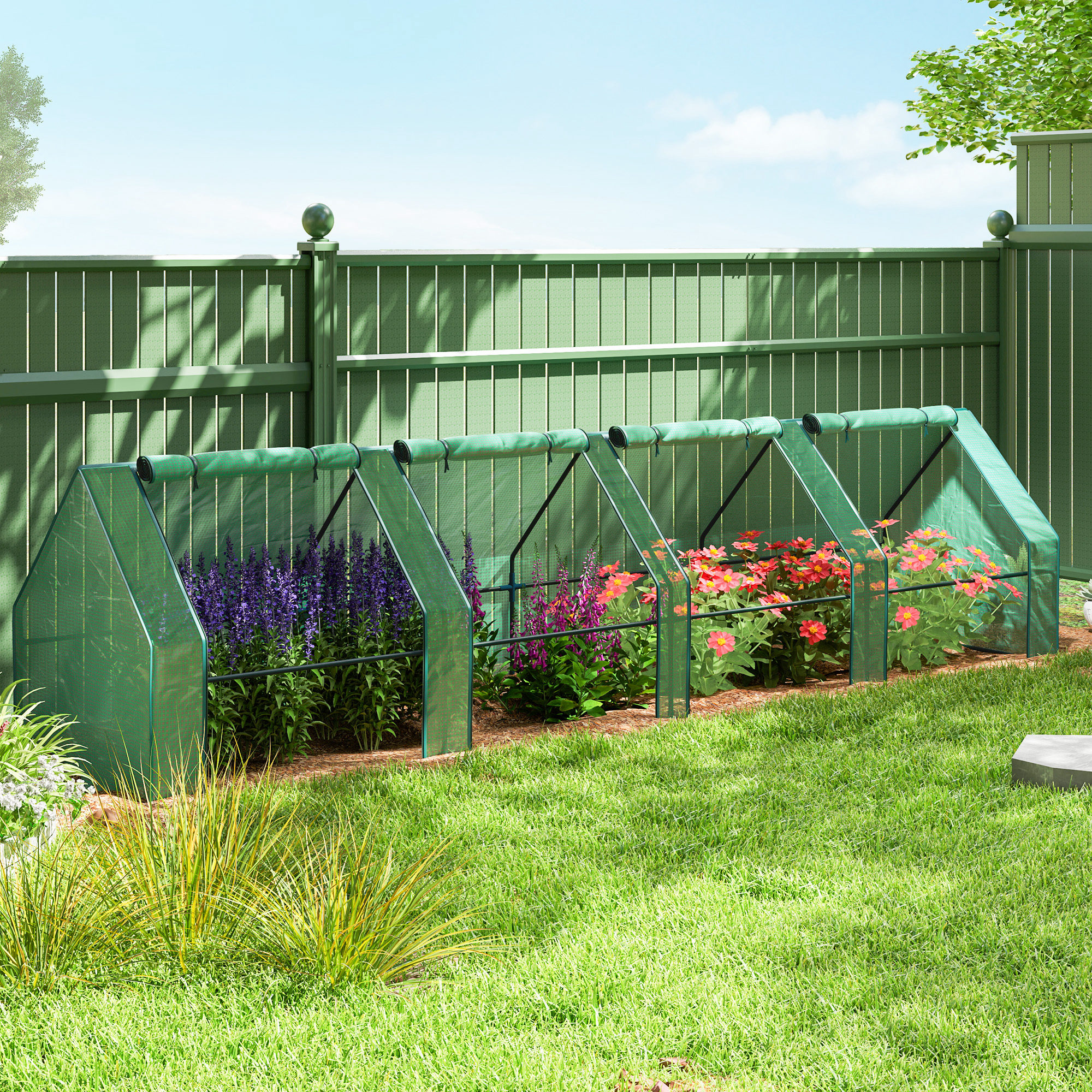 Mini-gartengewächshaus Mit 4 Rolltoren Und Erweiterter Abdeckung, Aus Stahl Und Pe, 360 X 90 X 90 Cm, Grün