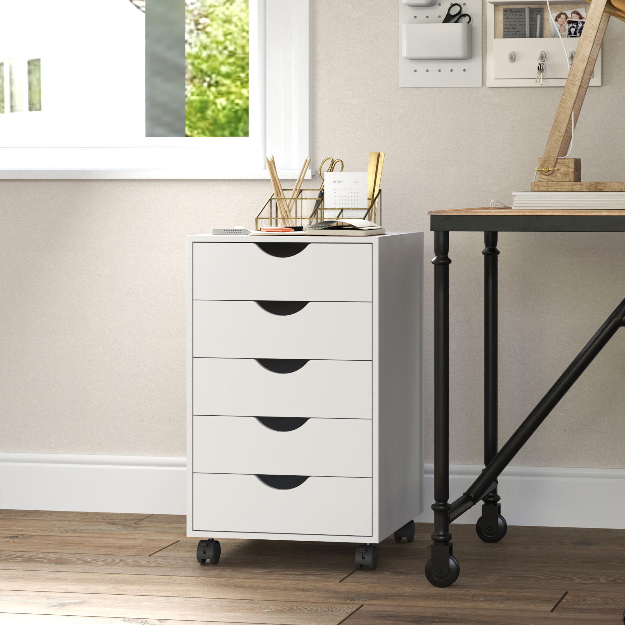 Rollbarer Aktenschrank Mit 5 Schubladen, Fahrbar, Für Arbeits- Oder Wohnzimmer, 40 X 40 X 67 Cm, Weiß