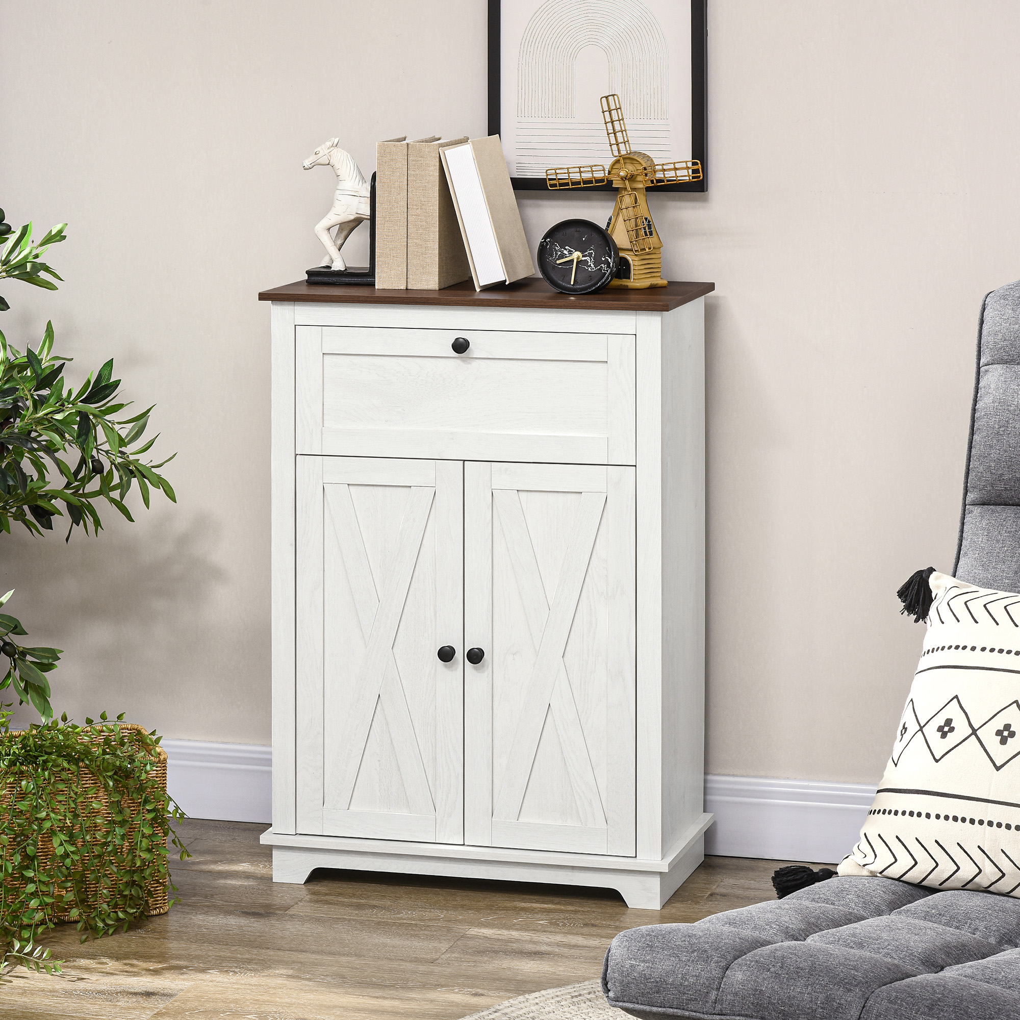 Niedriges Küchen-sideboard Im Rustikalen Stil Mit Schublade Und Schrank Mit Verstellbarem Einlegeboden, Weiß