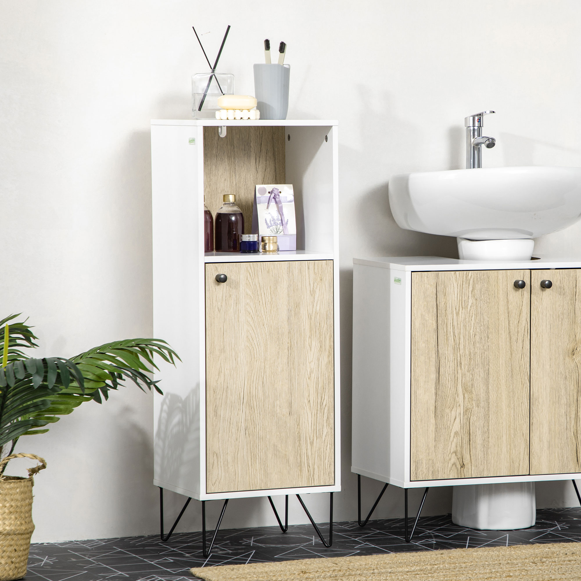 Badezimmerschrank Mit Offenem Fach Und Schranktür, Platzsparender Mehrzweck-holzschrank, 31,5 X 30 X 91 Cm, Eiche Und Weiß