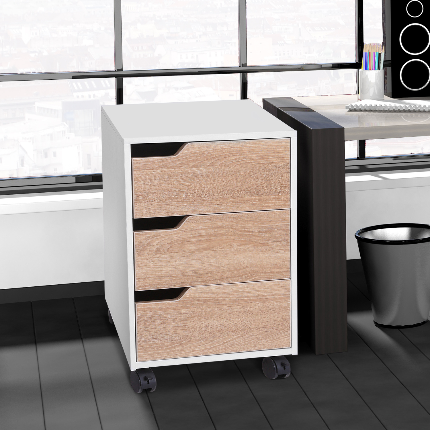 Kommode Aus Mdf Mit 3 Schubladen Und Rollen Für Büro Oder Arbeitszimmer, Weiß Und Holz, 40 X 50 X 57,5 Cm