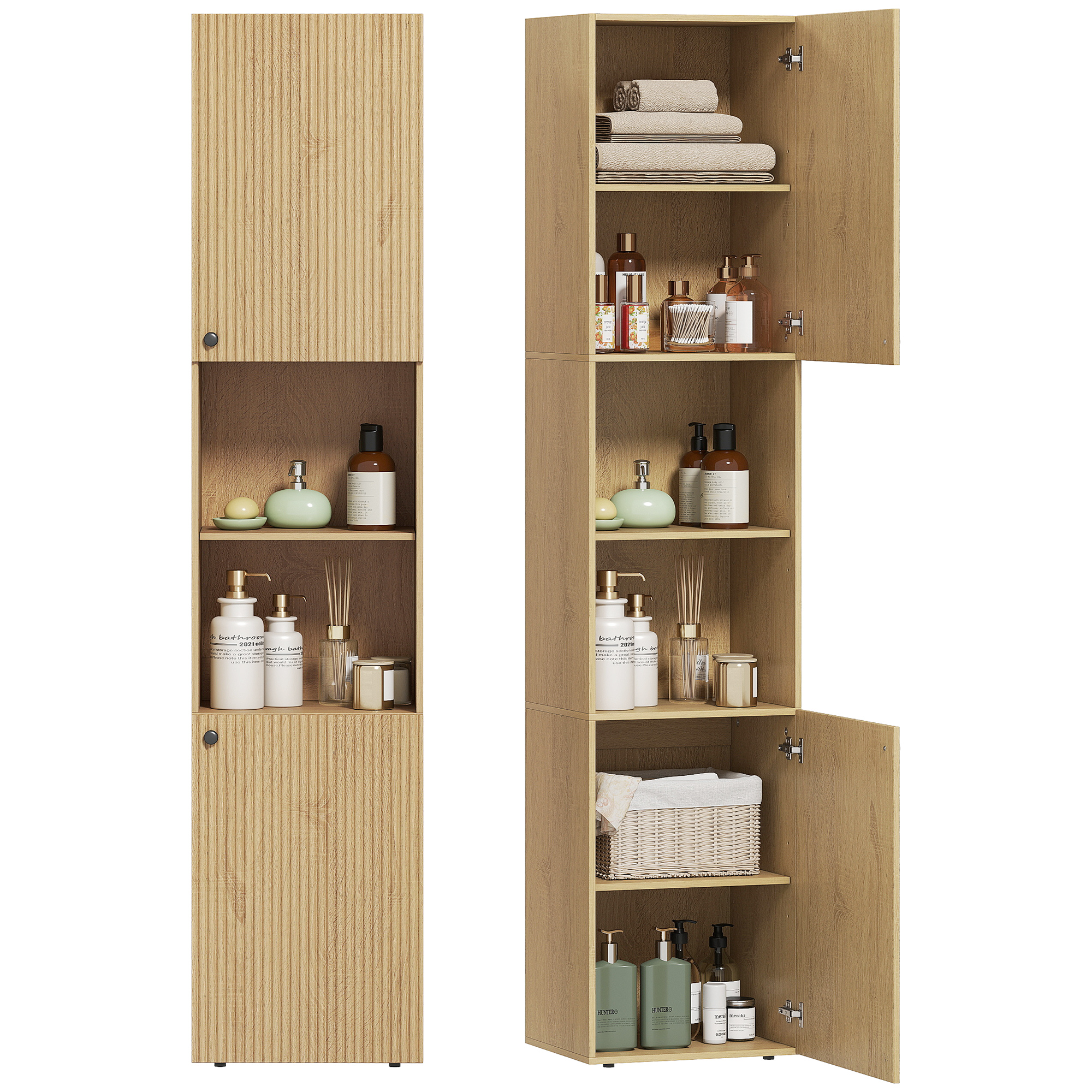 Hoher Badezimmerschrank, 6 Ebenen, 2 Schränke, 2 Offene Regale, Offene Fächer, Holz, Eichenfarben