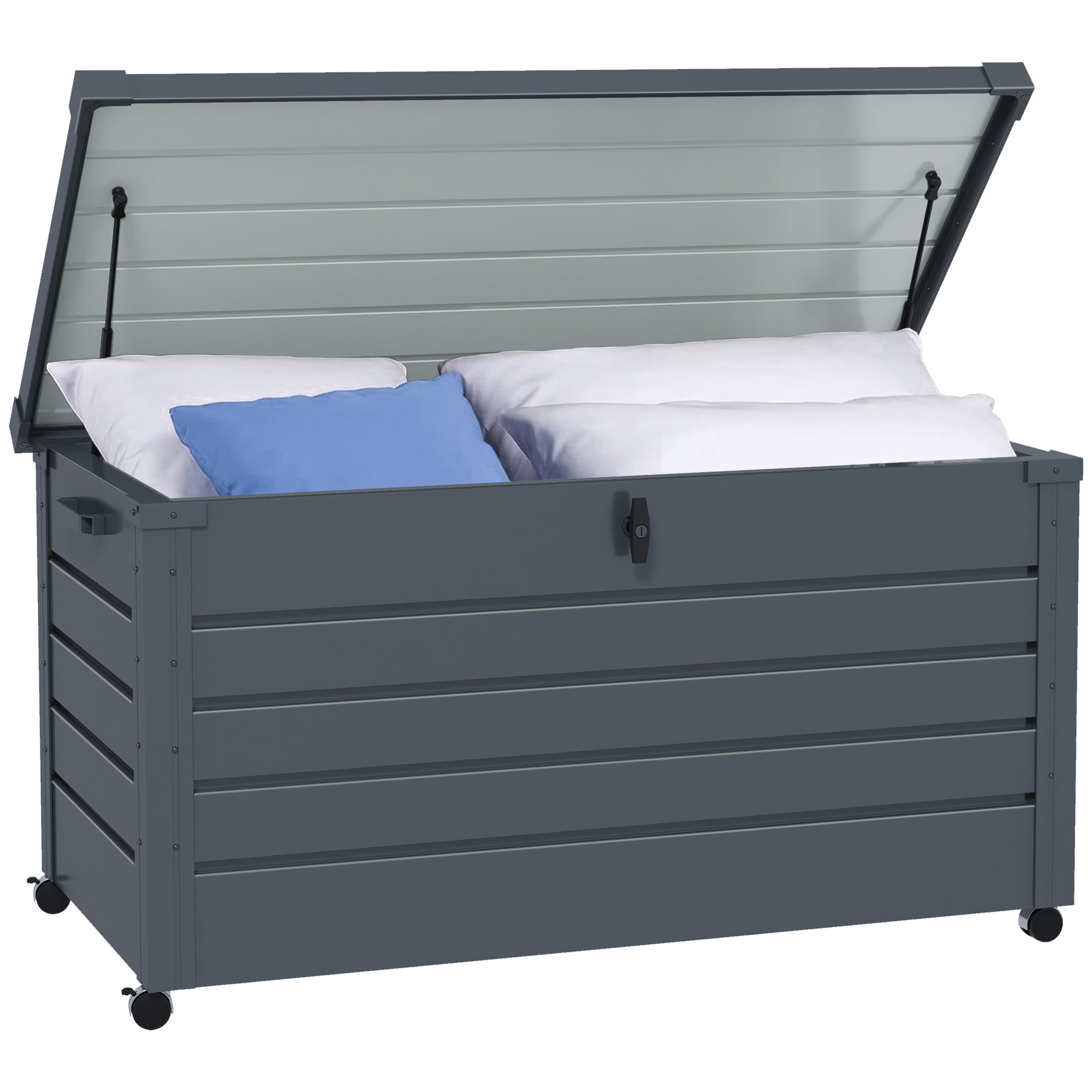 311-liter-gartenbox Mit Gasdruckfeder, Rollen Und Griff, Aus Verzinktem Stahl, 120 X 62 X 66 Cm, Grau