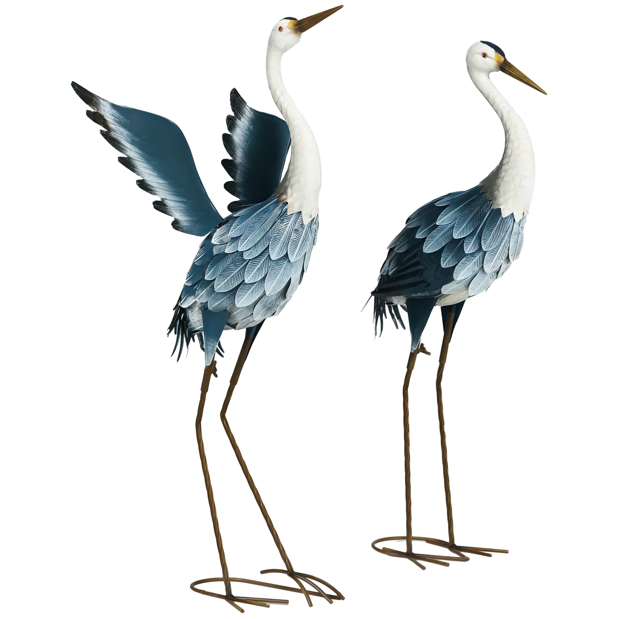 Set Aus 2 Gartenfiguren, Reiher-skulpturen Aus Stahl Für Teich, Terrasse, Garten, Rasen, 74/70 Cm, Mehrfarbig