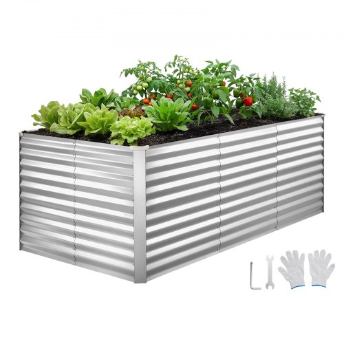 Hochbeet Metall 2400x1200x860 Mm, Rechteckiges Gartenbeet, Pflanzkasten-set Für Den Außenbereich, Gemüsebeet Mit Handschuhen, Blumenbeet Bodenlos, Pflanzbeet Für Blumen & Gemüse, Silber