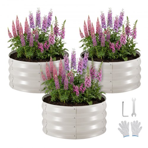 Hochbeet Metall 3er-pack Φ60x30 Cm, Rundes Gartenbeet, Pflanzkasten-set Für Den Außenbereich, Gemüsebeet Mit Handschuhen, Blumenbeet Bodenlos, Pflanzbeet Für Blumen, Kräuter & Gemüse, Beige