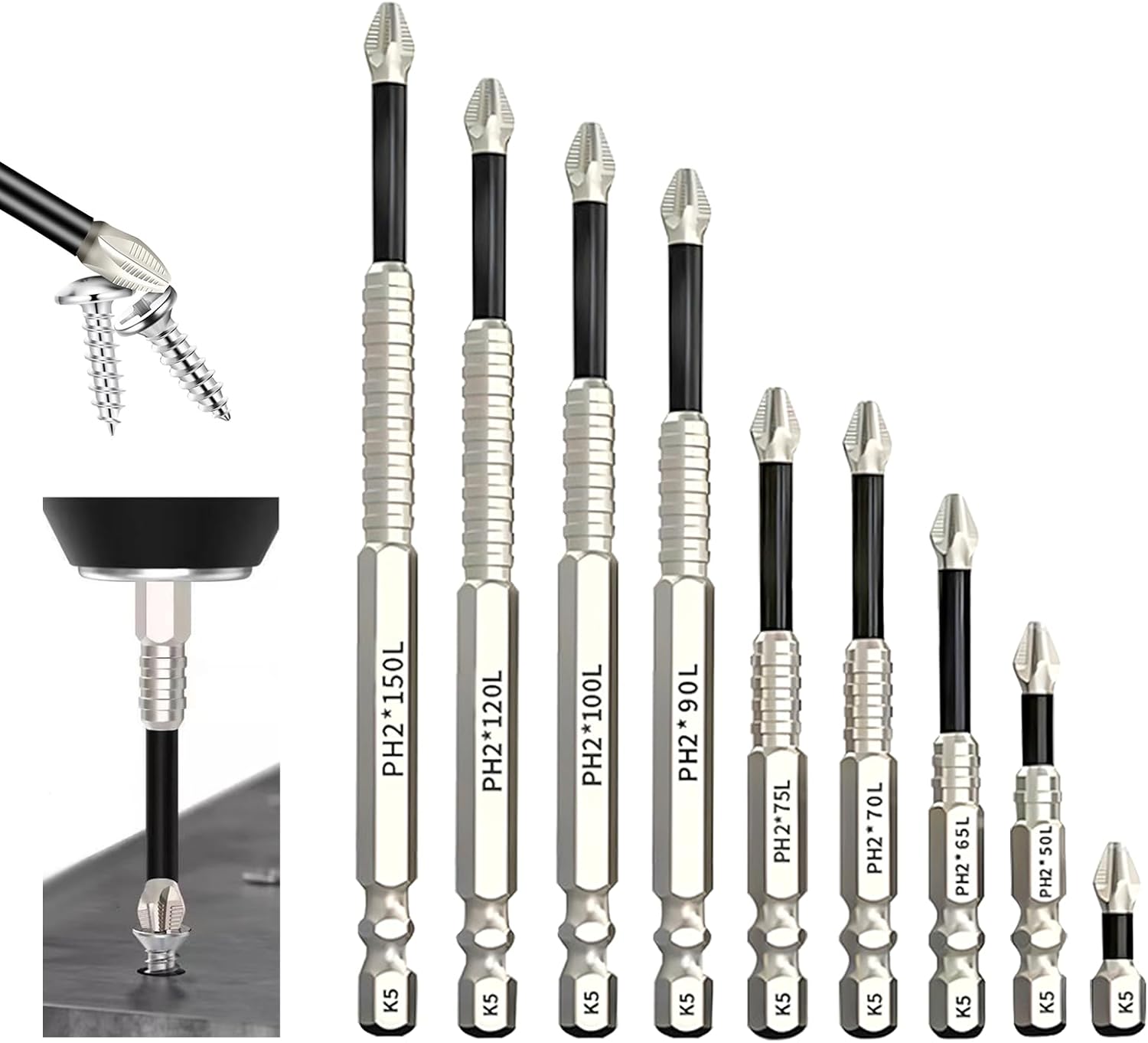 Ensemble De 9 Embouts De Tournevis Magnétiques (25-150 Mm), Perceuse Anti-dérapante K5, Perceuse Multifonctionnelle Haute Performance Pour Perceuses Électriques