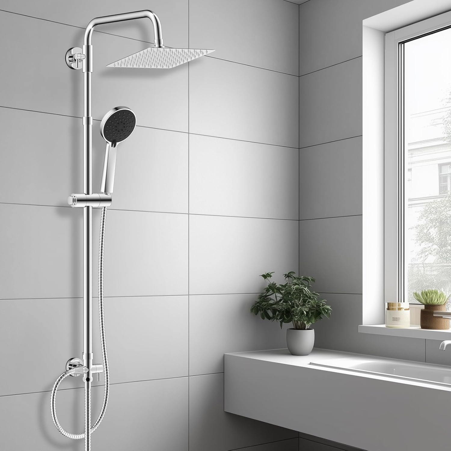 Ensemble De Douche En Métal Avec Pommeau De Douche Pluie Et Douchette À Main À 3 Niveaux, Réglable En Hauteur, Sans Robinet Mélangeur, Inverseur En Laiton, Chrome