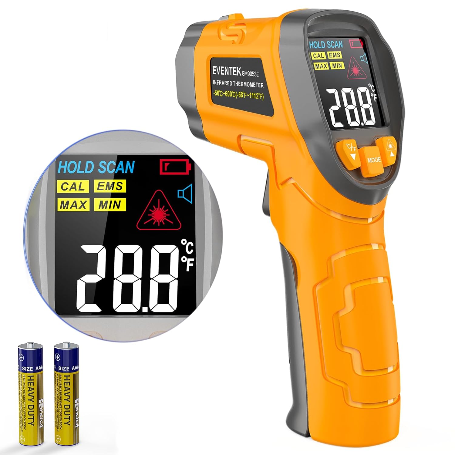Thermomètre De Cuisine, -50 °c À 600 °c (-58 °f À 1112 °f), Thermomètre Laser, Affichage Lcd, Sans Contact Avec Degré D'Émission Réglable, Thermomètre Infrarouge Pour Cuisine Et Four À Pizza, Jaune