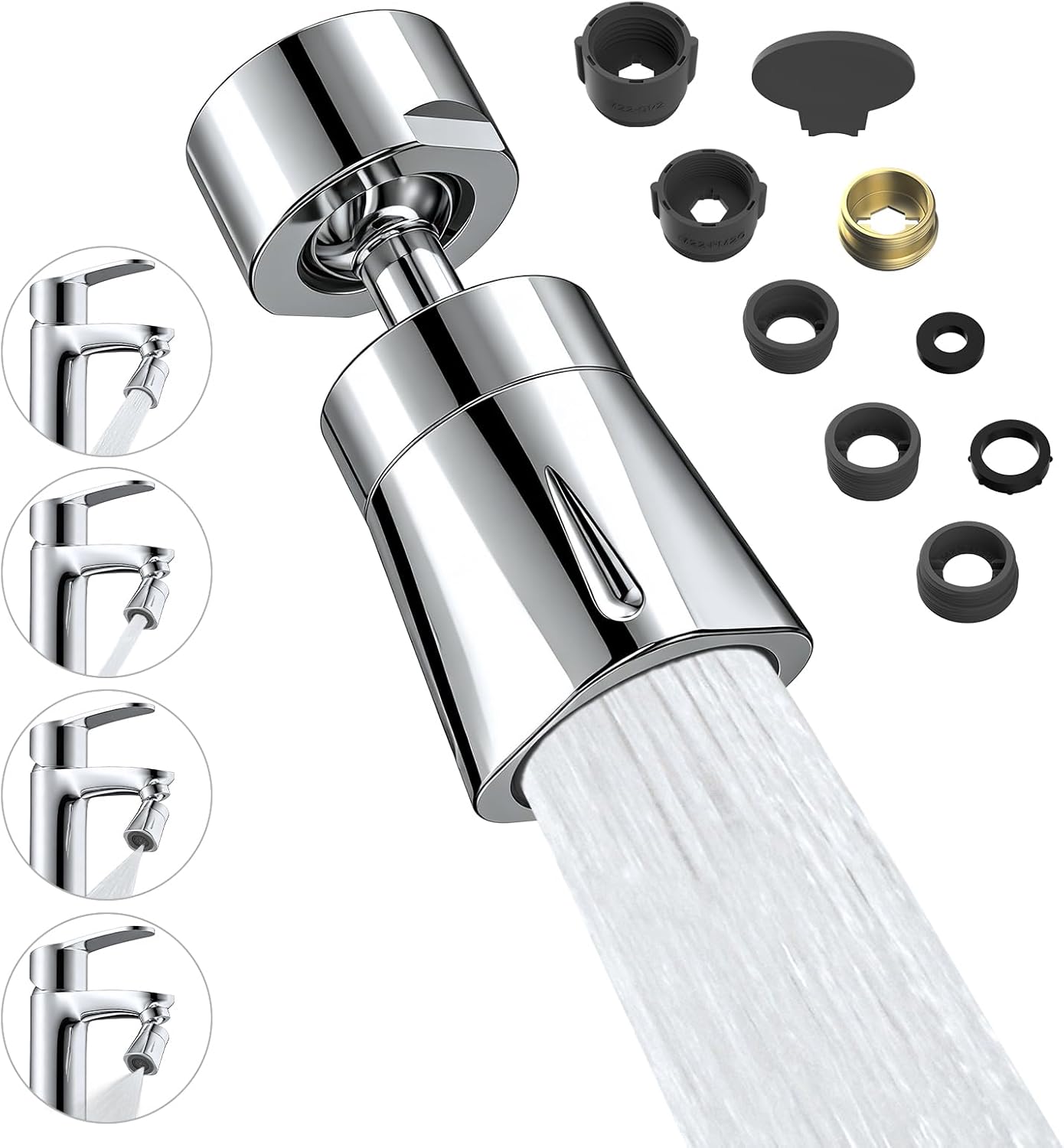 Robinet De Cuisine Avec Douchette À 4 Types De Jets, Rotation À 360° Et Angle D'Inclinaison De 70°, Aérateur En Laiton Massif, Filetage Intérieur De 22 Mm Avec 6 Adaptateurs, Chromé