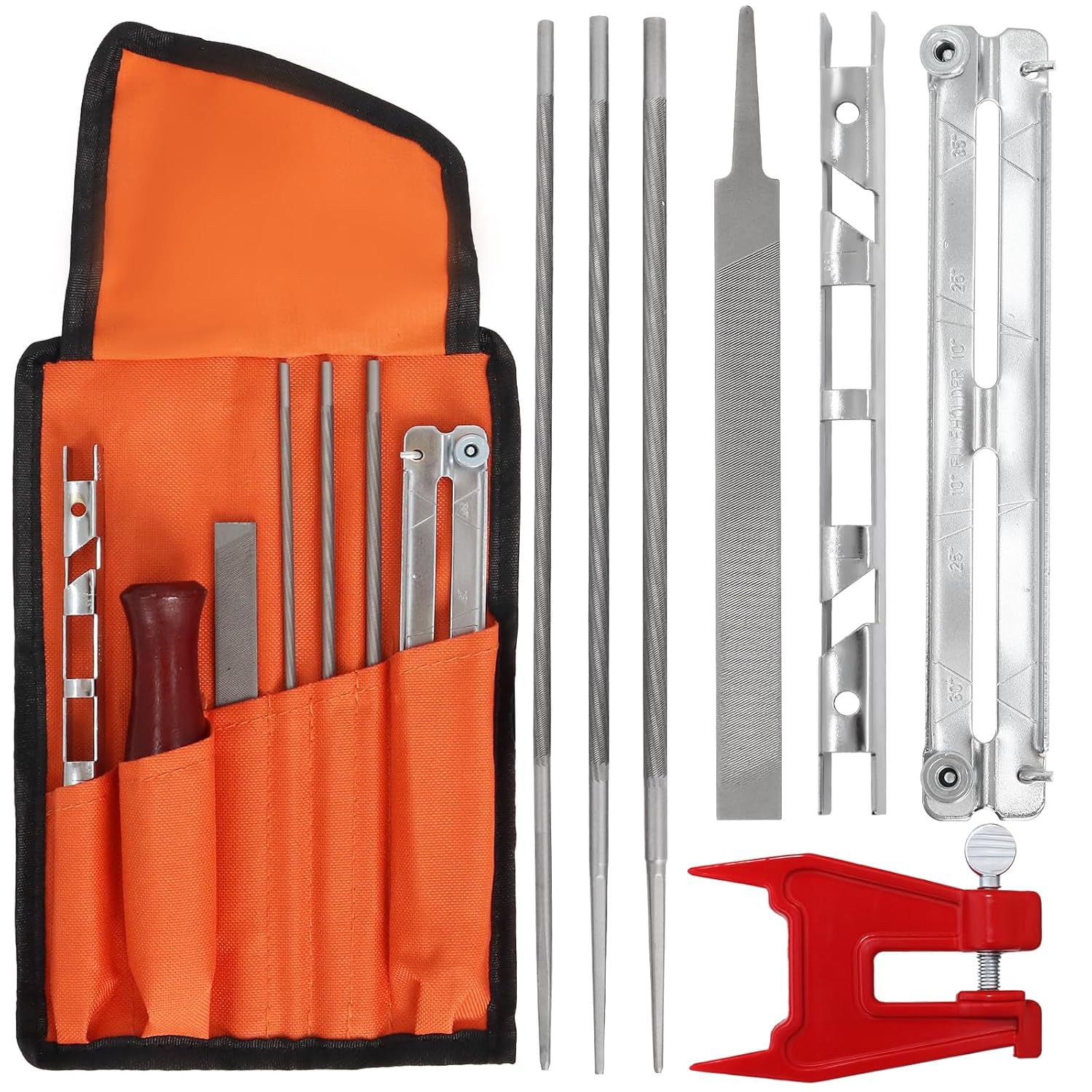 Kit D'Affûtage Universel Pour Tronçonneuse Comprenant Des Limes De 5/32", 3/16" Et 7/32", Un Manche En Bois, Une Jauge De Profondeur, Un Guide, Une Sacoche Et Un Serre-chaîne.