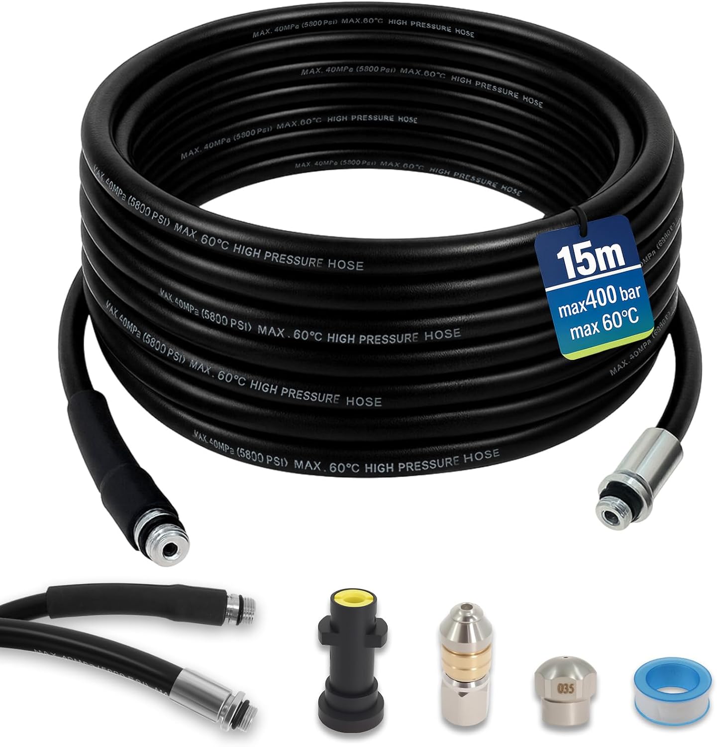 Tuyau Flexible De Nettoyage De Canalisations En Spirale De 15 M Et 400 Bars, Compatible Avec Kärcher K2-k7 – Avec Accessoires Pour Le Nettoyage Des Canalisations