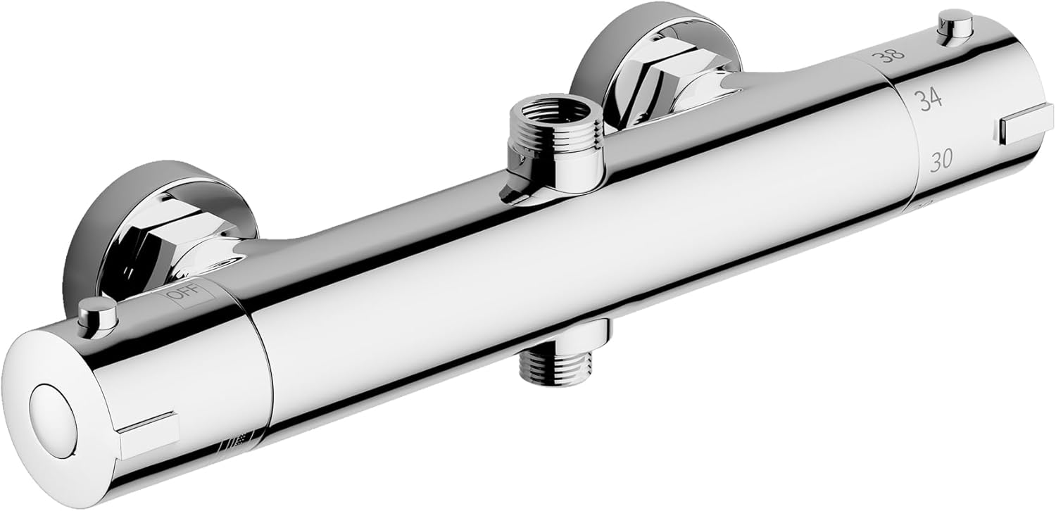Robinet De Douche Thermostatique Avec 2 Sorties, Sortie Supérieure 3/4" Bsp (26,4 Mm) Et Sortie Inférieure 1/2" Bsp (21 Mm), Forme Ronde, Laiton, Chromé