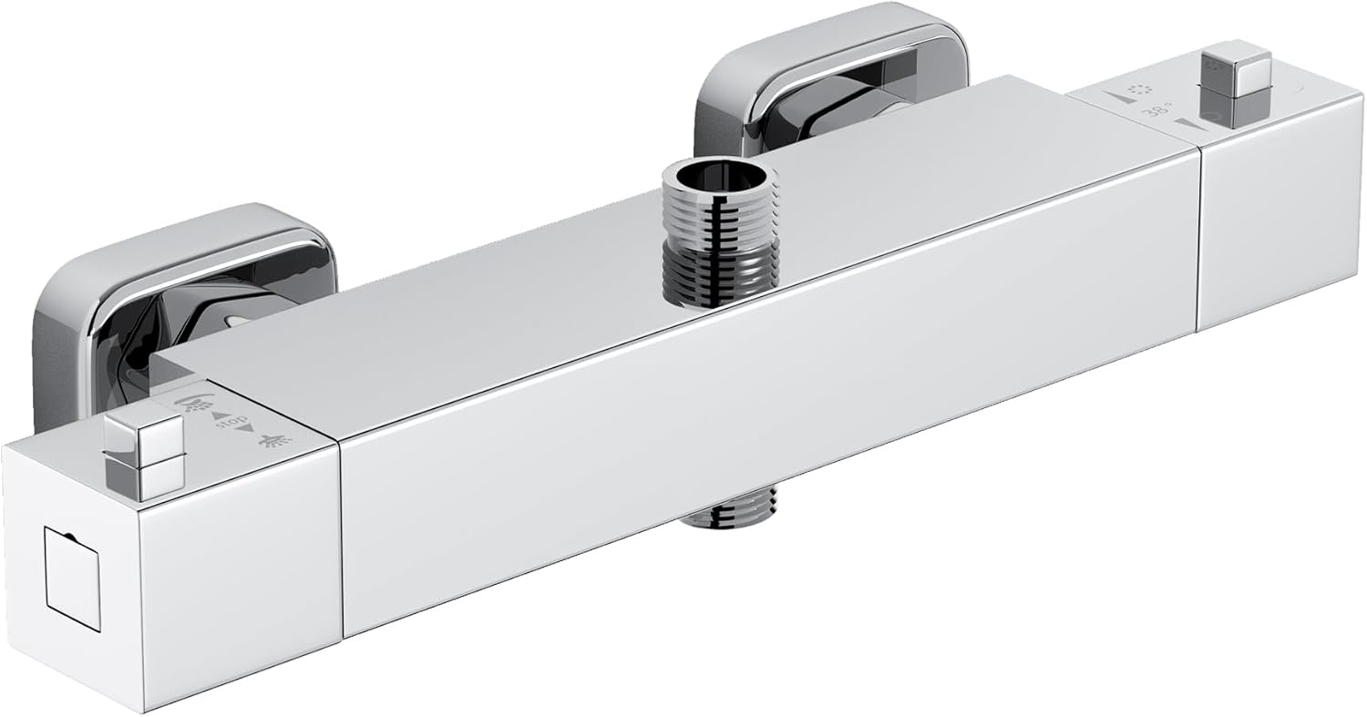 Mélangeur De Douche, Robinet De Douche Thermostatique Avec 2 Sorties, Sortie Supérieure 3/4" Bsp (26,4 Mm) Et Sortie Inférieure 1/2" Bsp (21 Mm), Forme Carrée, Laiton, Chromé
