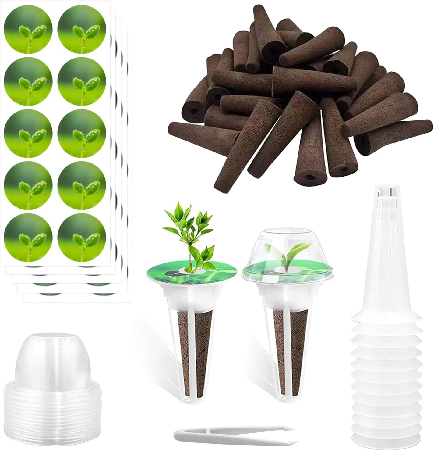 Ensemble D'Accessoires De 125 Pièces Pour Jardins Hydroponiques : Éponges Hydroponiques, 50 Éponges De Semis, 12 Paniers De Plantation, 12 Couvercles Transparents, 50 Autocollants, 1 Pince À Épiler