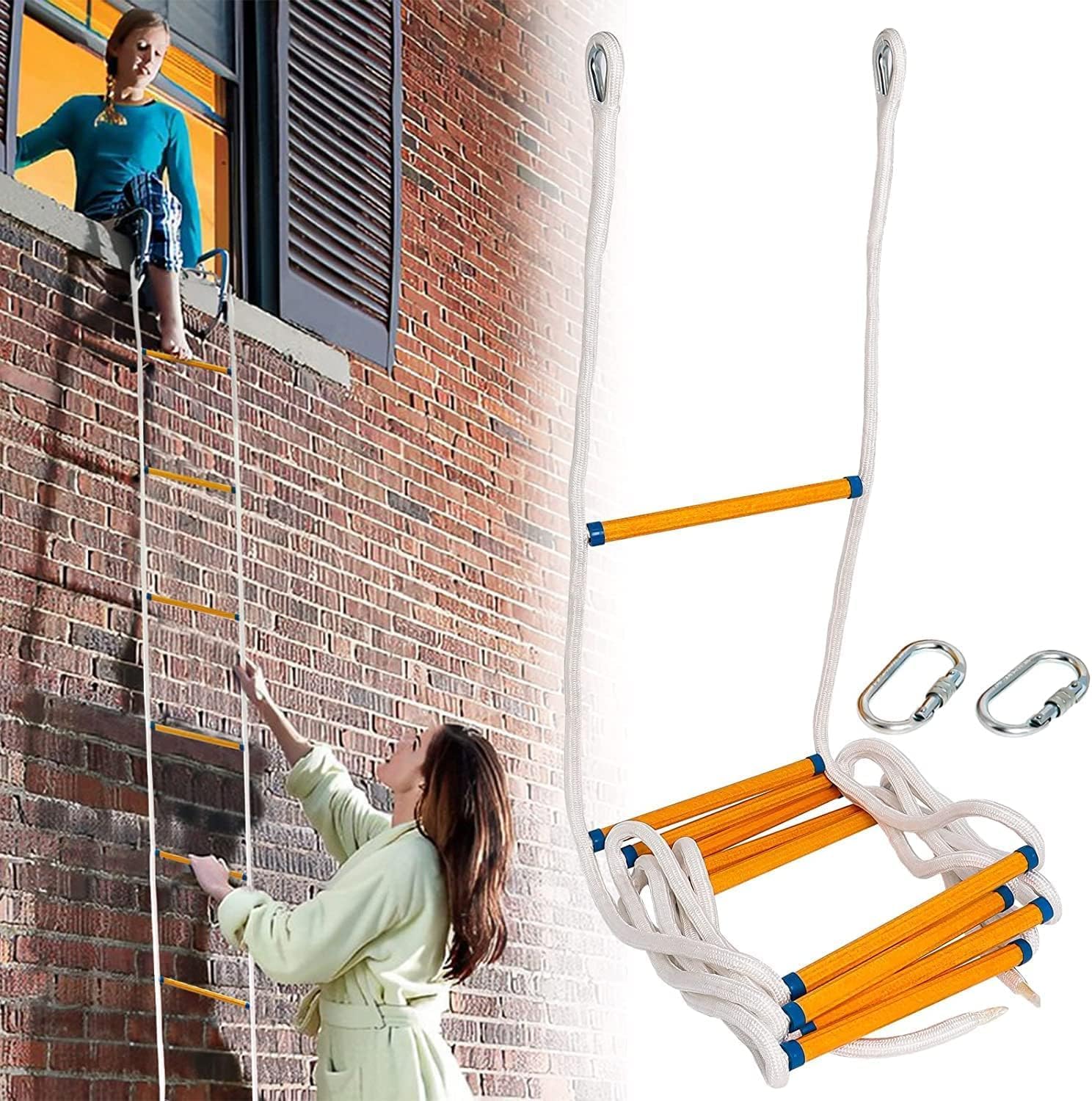Échelle De Secours En Corde De 4 M De Long, Échelle De Secours À Deux Niveaux Avec Mousquetons Et Gants, Échelle De Secours D'Urgence Pour L'Évacuation Par Fenêtres Et Balcons
