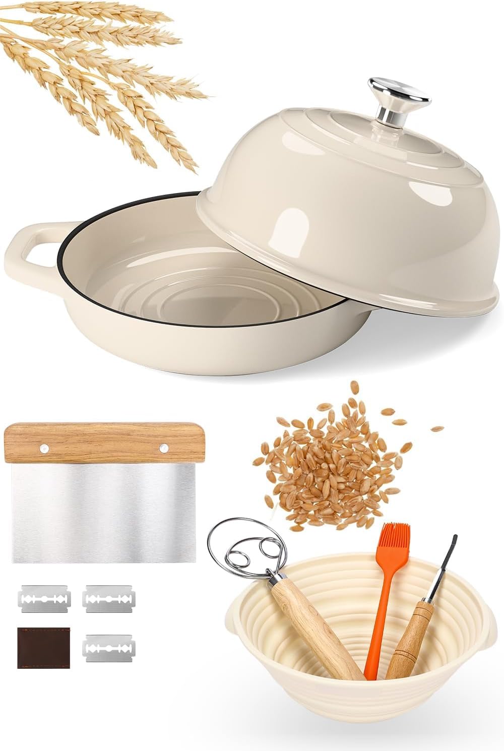 Cocotte En Fonte Avec Couvercle, Cocotte De 5 Litres, Moules À Pain Avec Panier De Fermentation, Trancheuse, Pétrin, Cocotte En Fonte Pour La Cuisson Et La Pâtisserie